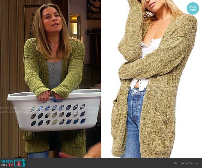 Free People Sunset Drive Cardigan in Kelp worn by Allison (Annie Murphy) on Kevin Can F**k Himself