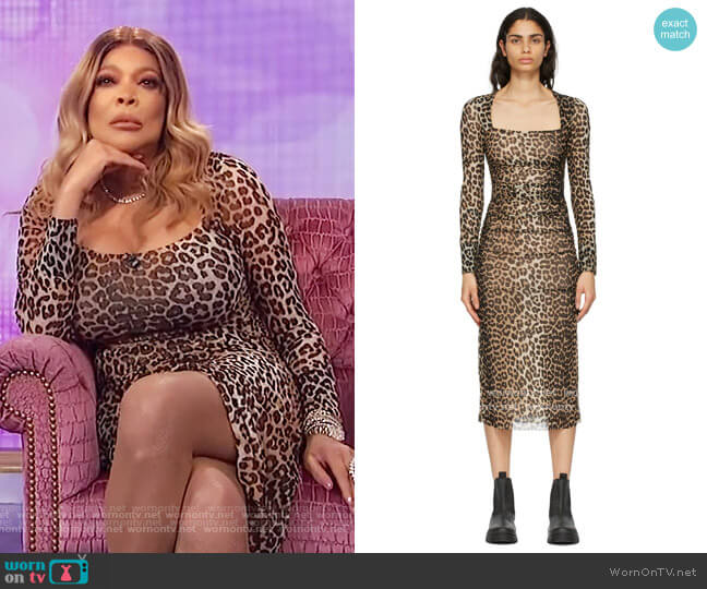 Ganni Ruched Leopard-Print Mesh Midi Dress worn by Wendy Williams on The Wendy Williams Show