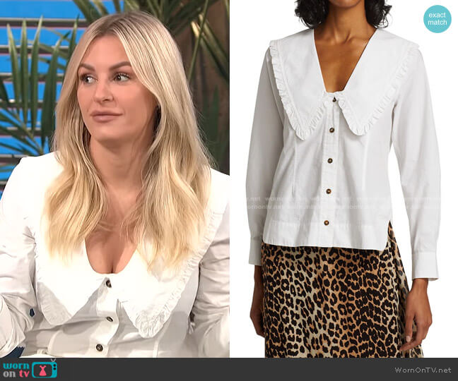 Ganni Wide Ruffle-Trimmed Collar Cotton Poplin Shirt worn by Morgan Stewart on E! News