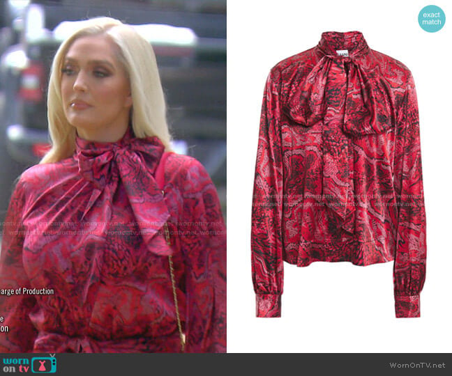 Ganni Pussy-Bow Printed Blouse worn by Erika Jayne on The Real Housewives of Beverly Hills