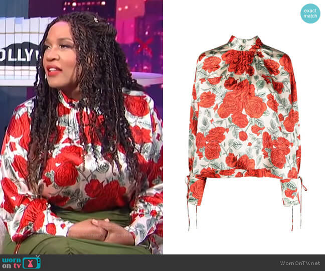 Ganni Floral-Print Tied-Cuffs Blouse worn by Kym Whitley on E! News