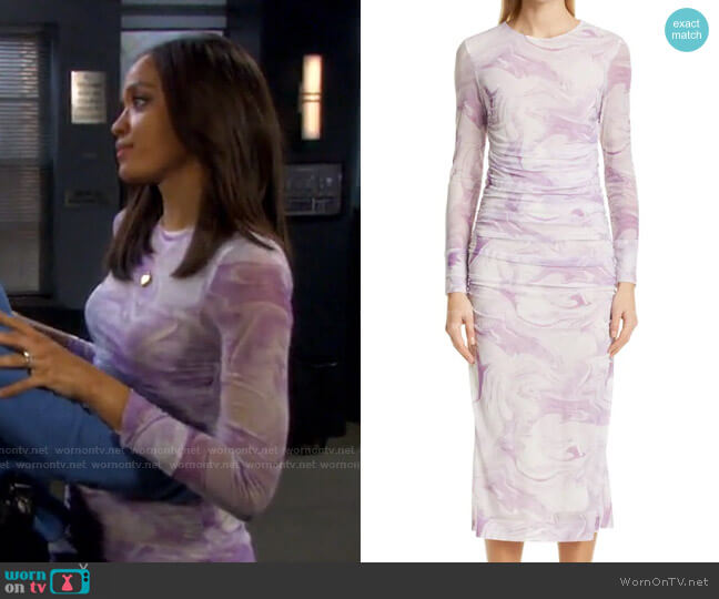 Ganni Marble Print Long Sleeve Mesh Midi Dress worn by Lani Price (Sal Stowers) on Days of our Lives