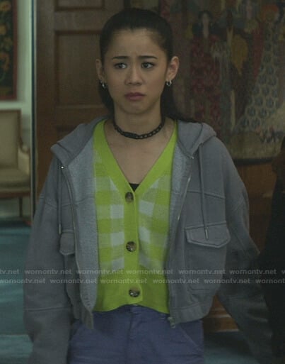 George’s yellow check cardigan and grey cropped hooded jacket on Nancy Drew