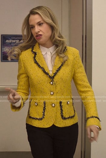 Georgina’s yellow tweed blazer with pearl buttons on Love Victor