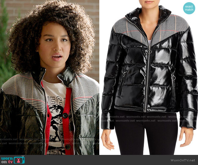 Glamorous Plaid-Panel Faux Patent Leather Puffer Jacket worn by Gina (Sofia Wylie) on High School Musical The Musical The Series