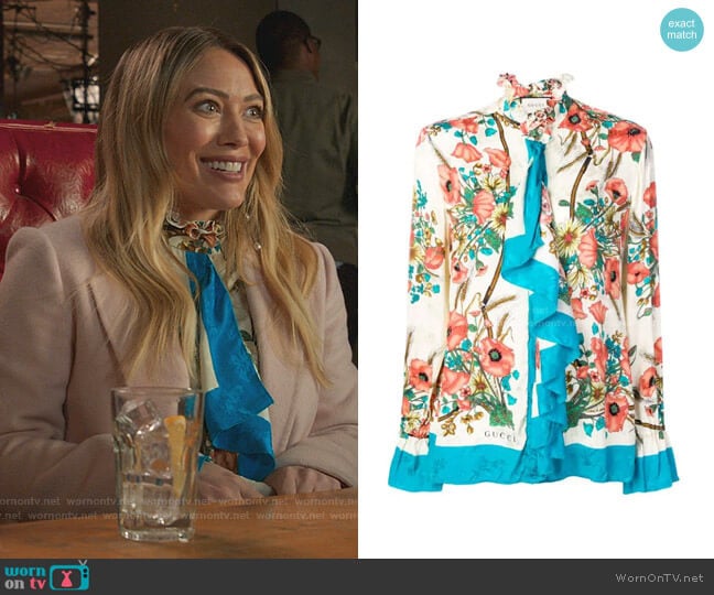 Gucci Ruffled Floral-Print Silk-Jacquard Blouse worn by Liza Miller (Sutton Foster) on Younger