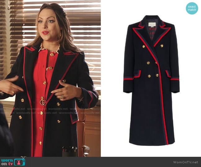 Gucci Contrast Trim Double-Breasted Military Coat worn by Fallon Carrington (Elizabeth Gillies) on Dynasty