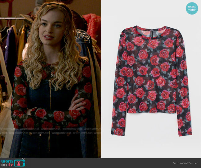H&M Sheer Top in Black/Roses worn by Lily (Olivia Rose Keegan) on High School Musical The Musical The Series