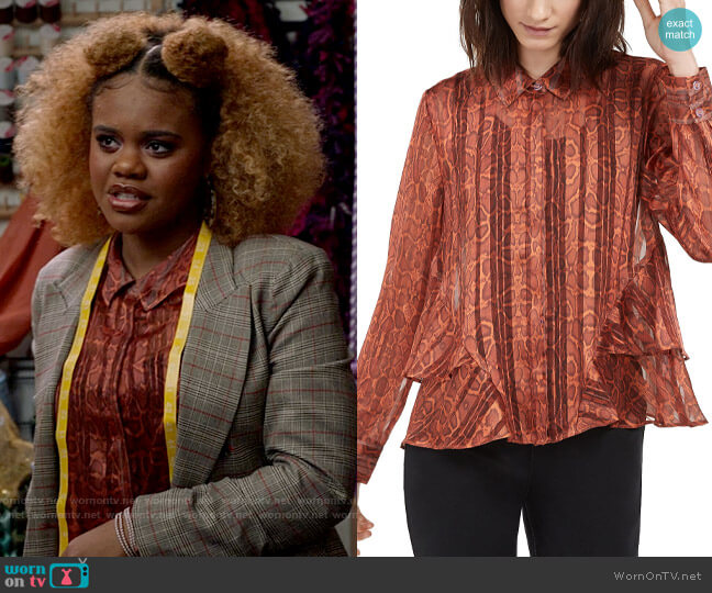 INC International Concepts Ruffled Snake-Embossed Top worn by Kourtney (Dara Renee) on High School Musical The Musical The Series