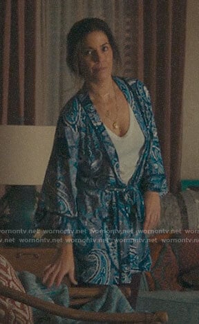 Isabel’s blue paisley robe on Love, Victor