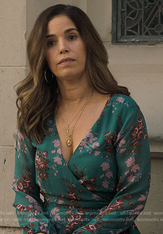Isabel’s green floral wrap dress on Love Victor