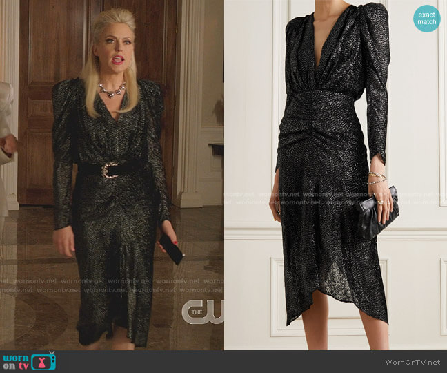Isabel Marant Ruched Metallic Fil Coupé Chiffon Midi Dress worn by Alexis Carrington (Elaine Hendrix) on Dynasty