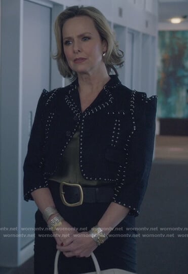 Jacqueline’s grommet and ring embellished jacket on The Bold Type
