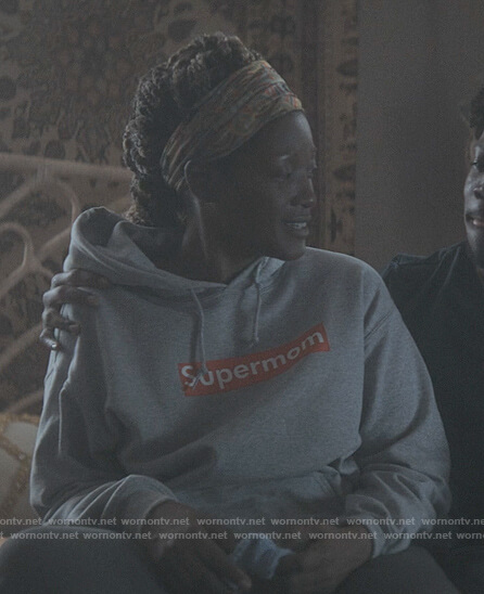 Jada’s gray supermom hoodie on The Chi