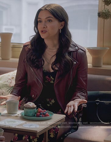 Jane’s black grape print dress on The Bold Type