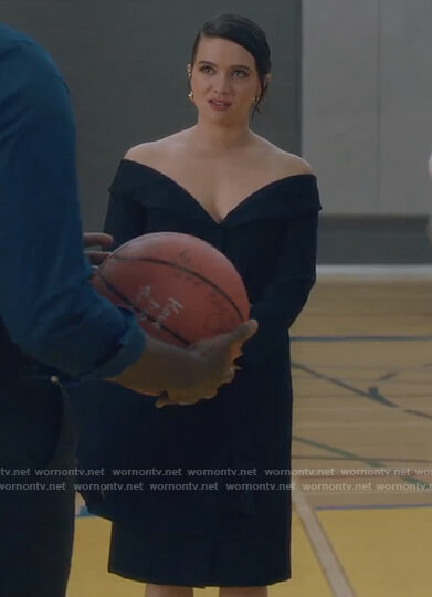 Jane’s black button down off shoulder dress on The Bold Type