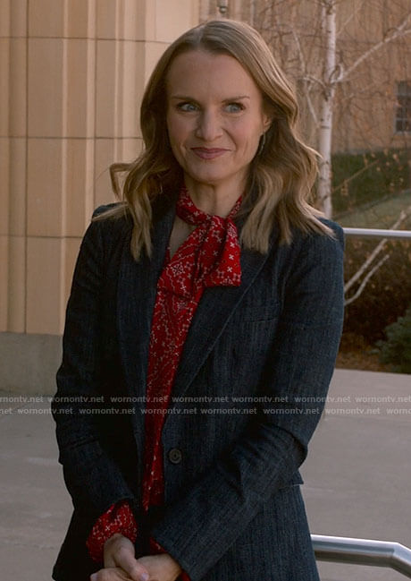 Miss Jenn’s red bandana print blouse and denim blazer on High School Musical The Musical The Series