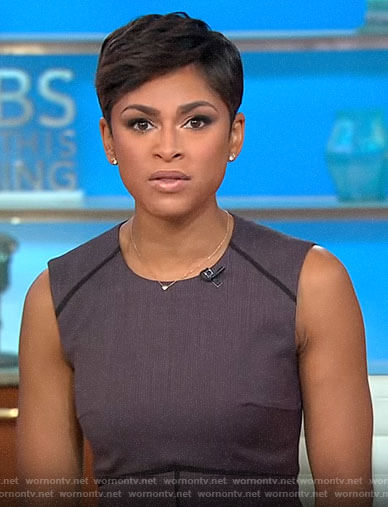 Jericka Duncan’s sleeveless dress with black piping on CBS This Morning