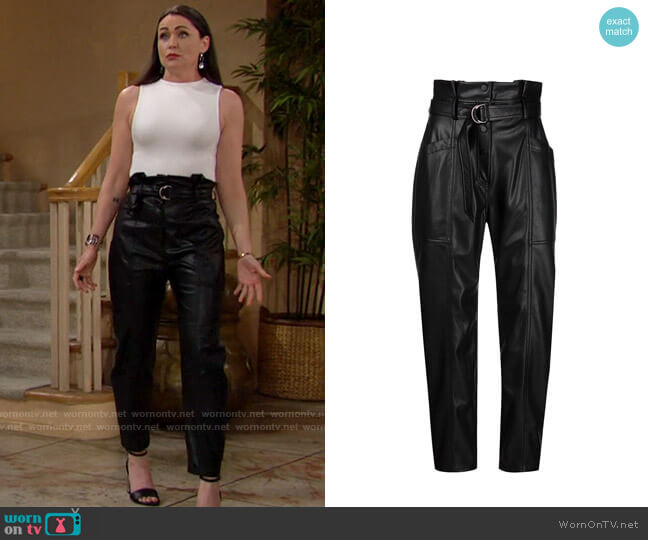 Jonathan Simkhai Leela vegan leather paperbag trousers worn by Quinn Fuller (Rena Sofer) on The Bold and the Beautiful