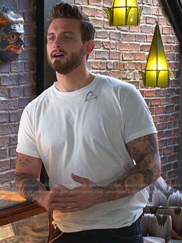 Josh’s white heart print tee on Younger