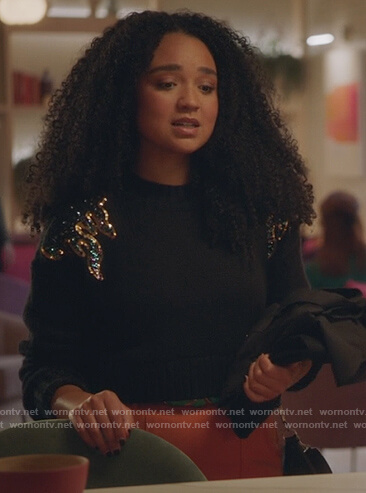 Kat’s black embellished sweater on The Bold Type