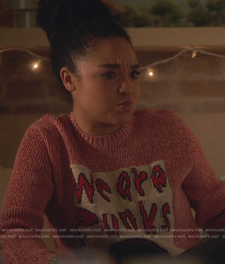 Kat’s red We are Punks knit sweater on The Bold Type