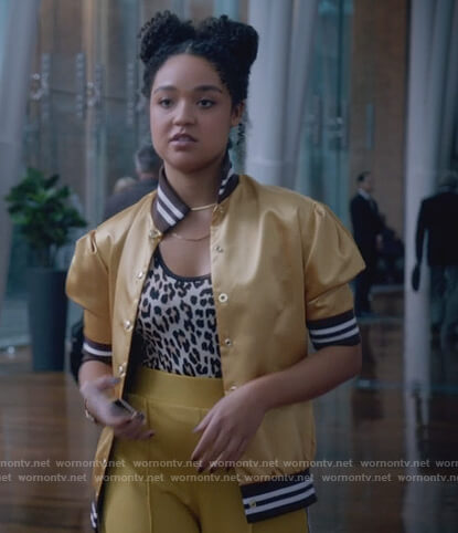 Kat’s leopard print bodysuit and yellow bomber jacket on The Bold Type