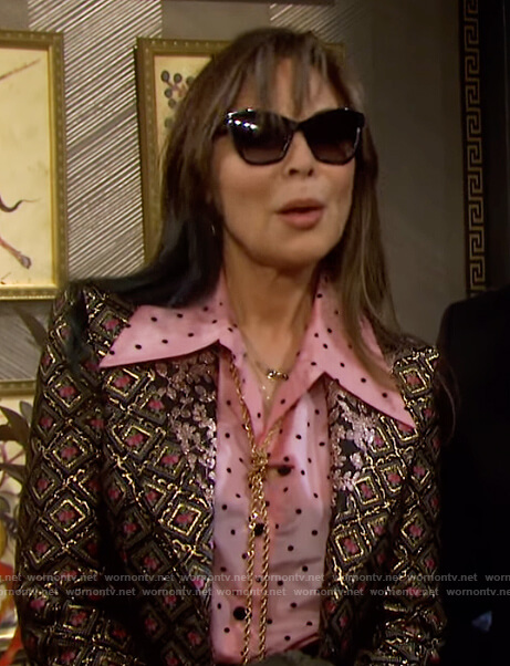 Kate’s pink polka dot blouse and metallic blazer on Days of our Lives