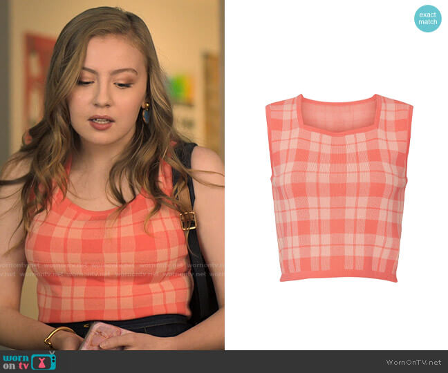 Kate Spade Plaid Sleeveless Sweater in Lychee worn by Lake Meriwether (Bebe Wood) on Love Victor