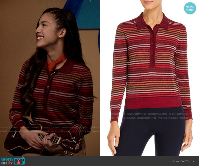 Kate Spade Metallic Striped Polo Sweater worn by Nini (Olivia Rodrigo) on High School Musical The Musical The Series