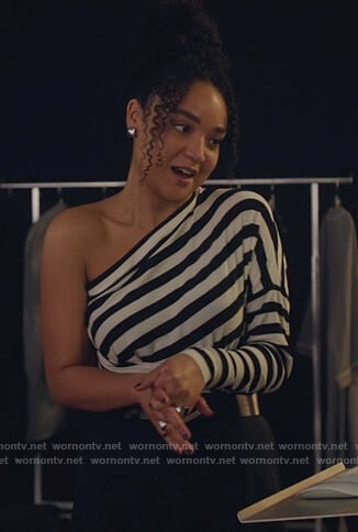 Kat’s stripe off shoulder bodysuit on The Bold Type