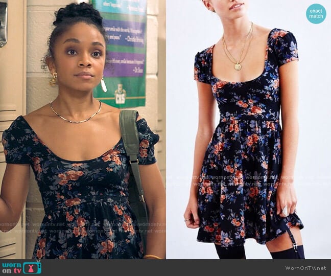 Kimchi Blue Autumn Cap-Sleeve Skater Dress in Black Multi worn by Mia Brooks (Rachel Hilson) on Love Victor