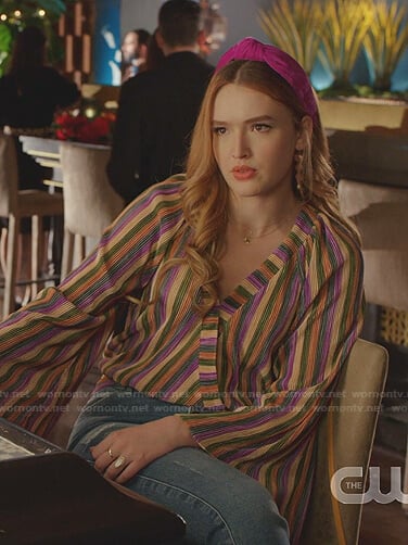 Kirby’s multicolor striped wrap blouse on Dynasty