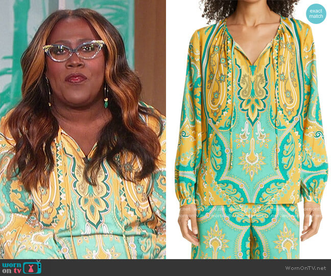 Kobi Halperin Lou Paisley Long-Sleeve Blouse worn by Sheryl Underwood on The Talk
