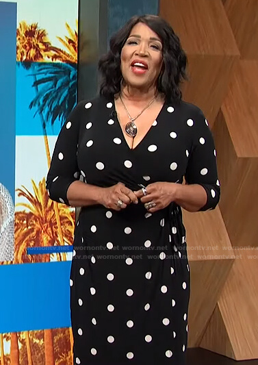 Kym’s black polka dot wrap dress on E! News Daily Pop