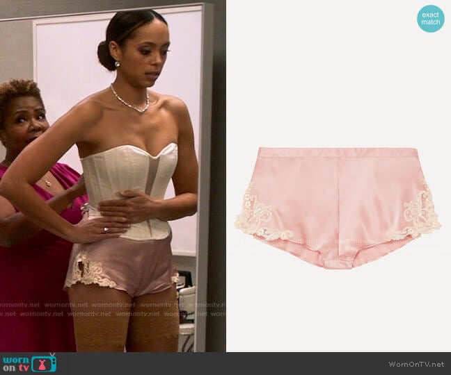 La Perla Maison embroidered lace-trimmed silk-blend satin shorts worn by Whitney Green (Amber Stevens West) on Run the World