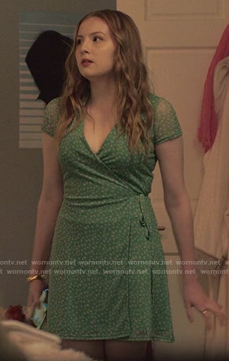 Lake’s green floral wrap dress on Love Victor
