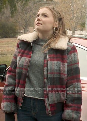 Lake’s plaid jacket with fleece collar on Love Victor