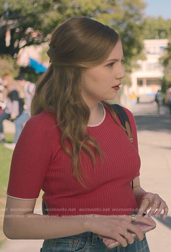 Lake’s red top and plaid jeans on Love Victor