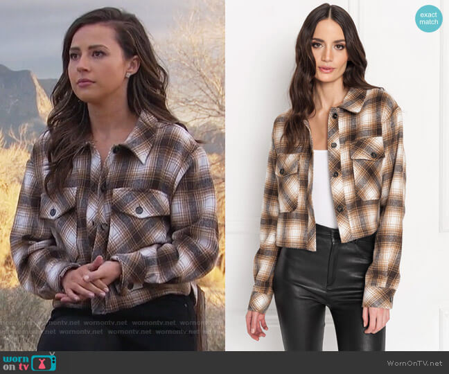 Lamarque MONIQUE Tan Cropped Plaid Shirt Jacket worn by Katie Thurston on The Bachelorette