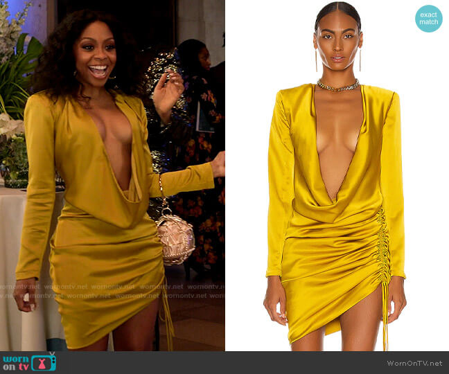 LaQuan Smith Ruched Cowl Neck Mini Dress worn by Renee Ross (Bresha Webb) on Run the World