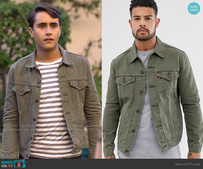 Levis Original Canvas Trucker Jacket in Olive Night worn by Victor Salazar (Michael Cimino) on Love Victor