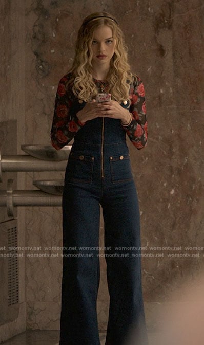 Lily’s denim overalls and rose print top on High School Musical The Musical The Series