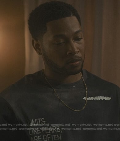 Emmett’s black limits printed tee on The Chi