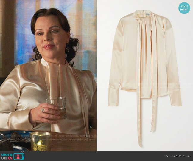Loewe Lavalliere Tie-Detailed Hammered-Satin Blouse worn by Maggie (Debi Mazar) on Younger