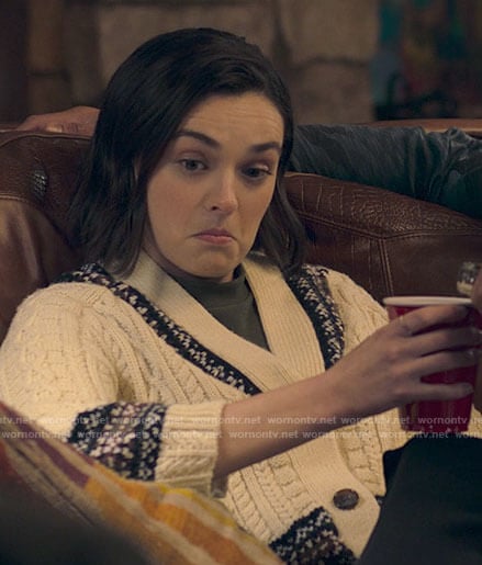 Lucy’s printed cable knit cardigan on Love Victor