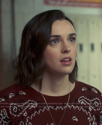 Lucy’s red bandana print sweater on Love Victor
