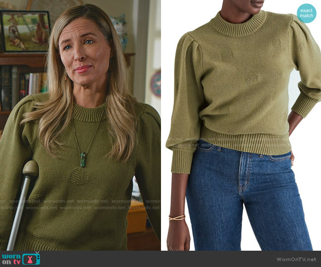 Madewell Eaton Dotted Puff Sleeve Cotton & Merino Yarn Pullover Sweater