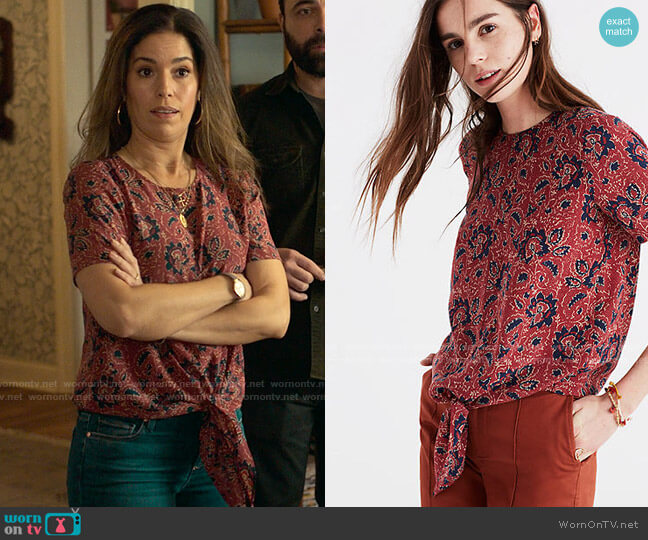 Madewell Silk Button-Back Tie Tee in Assam Floral worn by Isabel Salazar (Ana Ortiz) on Love Victor