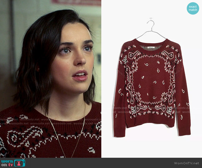 Madewell Bandana Pullover Sweater in Mahogany worn by Lucy (Ava Capri) on Love Victor